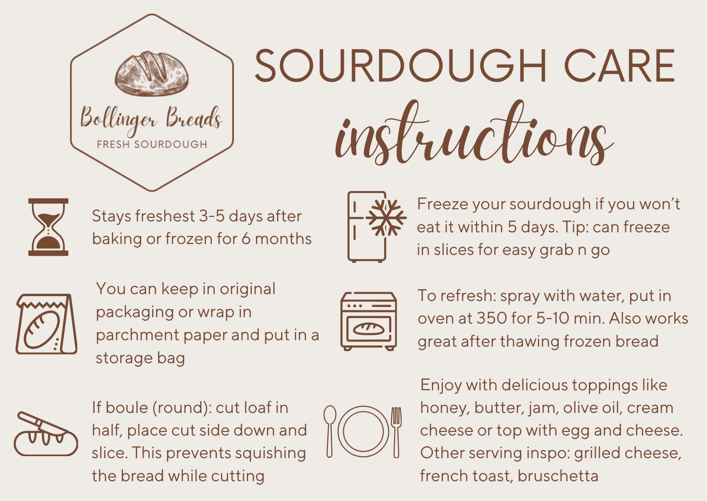 Bollinger Breads sourdough care instructions
